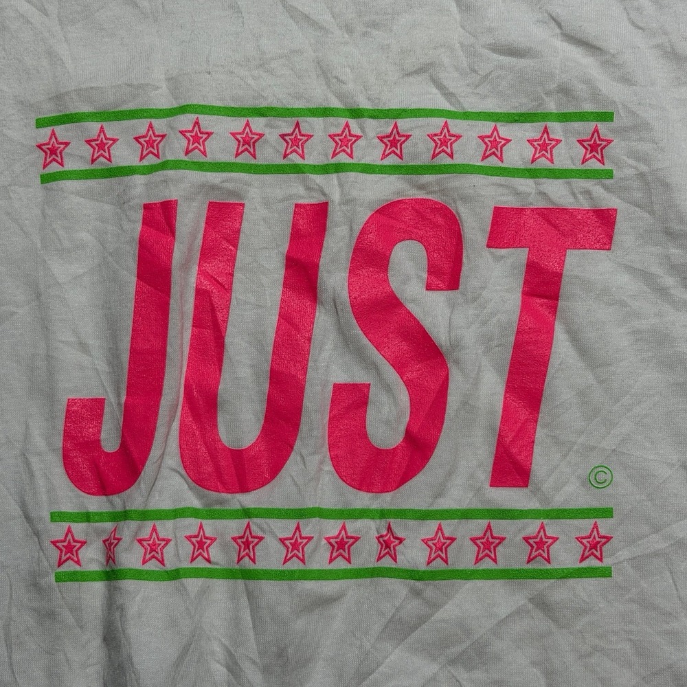 Vintage 90s Oneita JUST Neon Parody Graphic Tee XL White Pink Green Stars - Picture 7 of 10
